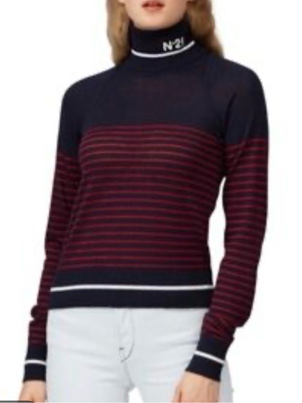 No. 21 Blue Striped Knit Logo Turtleneck Sweater